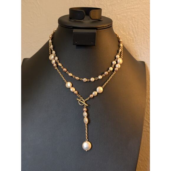 Vintage Anne Klein Double Strand Champagne Penny Coin Pearl Dangle Necklace - Picture 8 of 8